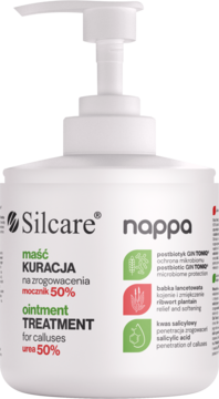 Biała maść Silcare nappa z mocznikiem 50% na zrogowacenia, widok z przodu butelki z pompką.