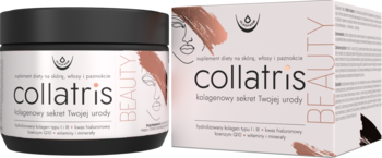 Collatris Beauty suplement kolagenowy w kremowym słoiku i pudełku, czarna nakrętka, brązowe zdobienia, widok pod kątem.