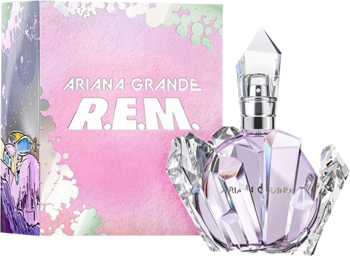 Ariana Grande R.E.M. damska woda perfumowana. Krystaliczny flakon z fioletowym płynem na różowym tle.