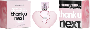 Ariana Grande Thank U, Next EDP. Różowy flakon w kształcie pękniętego serca, z dwoma widokami różowego opakowania.