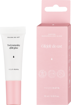 Olejek do ust Your Kaya Marshmallow Glow, biała tubka z nowym aplikatorem i różowe opakowanie obok, widok z przodu.