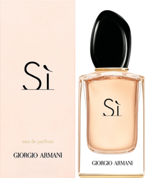 Elegancka butelka Giorgio Armani Si Eau de Parfum z czarną nakrętką obok różowego opakowania.