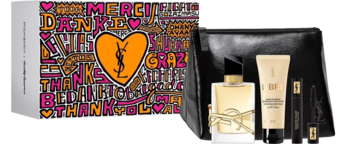 Zestaw YSL Libre: perfumy 50ml, balsam, mascara i czarna kosmetyczka. Obok ozdobne pudełko z sercem YSL.