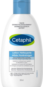 Biała butelka Cetaphil Lotion Nettoyante 200 ml, do skóry wrażliwej, z niebieską etykietą, widok z przodu.