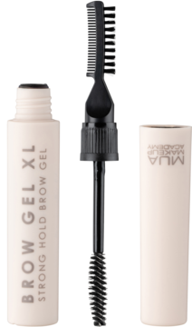 MUA XL-Clear Strong Hold żel do brwi: beżowa tubka, otwarta nakrętka i widoczny czarny aplikator 2w1 z grzebieniem.