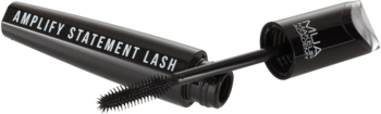 Czarny tusz Mua Amplify Statement Lash z otwartym opakowaniem i silikonową szczoteczką wyjętą z tuby.