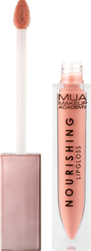 Błyszczyk Mua Makeup Academy Nourishing Lipgloss w odcieniu Super Nude z wyjętym aplikatorem.