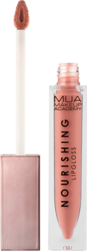 Peach MUA Makeup Academy Nourishing Lipgloss: clear tube with rose gold cap, applicator extended.
