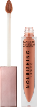 MUA Makeup Academy Nourishing Lipgloss w kolorze nude, butelka z wyciągniętym aplikatorem, widok z przodu.
