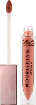 MUA Make Up Academy Nourishing Lipgloss Heartfelt, otwarty, aplikator z brzoskwiniowo-beżowym błyszczykiem obok butelki.