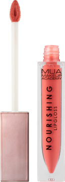 MUA Make Up Academy Nourishing Lipgloss w koralowym odcieniu, pionowa butelka z wyciągniętym aplikatorem.