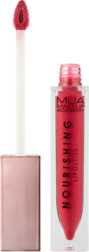 Czerwony błyszczyk MUA Makeup Academy Nourishing Lipgloss w otwartej tubce, z wyjętym aplikatorem.