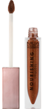 MUA Make Up Academy Nourishing Lipgloss. Shimmery bronze lipgloss in clear tube with extended applicator, rose gold cap.