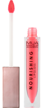 MUA Makeup Academy Nourishing Lipgloss, butelka z odkręconym aplikatorem w kolorze koralowym, na różowym tle.