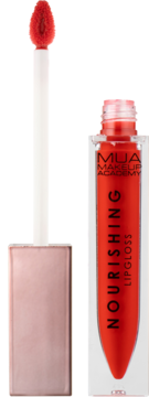 Otwarty błyszczyk MUA Makeup Academy Nourishing Lipgloss w intensywnej czerwieni, z aplikatorem obok.