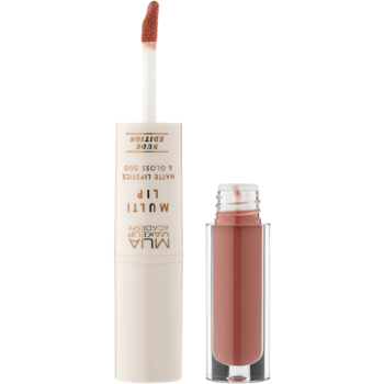 MUA Multi Lip, szminka matowa i błyszczyk nude 2w1. Widoczny wyciągnięty aplikator, opakowanie beżowo-przezroczyste.