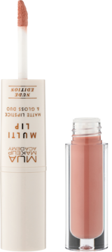 MUA Multi Lip Nude Edition, matowa szminka i błyszczyk w beżowym odcieniu, otwarty, widok z przodu.