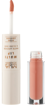 MUA Multi Lip, dwustronny produkt: matowa szminka i błyszczyk nude. Aplikator wysunięty.