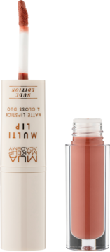 MUA Multi Lip Nude Edition, podwójna matowa szminka i błyszczyk, beżowe opakowanie z otwartym aplikatorem.