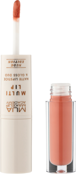 MUA Multi Lip Nude Edition: matowa szminka i błyszczyk w jednym, widoczny aplikator i przezroczysta tubka.