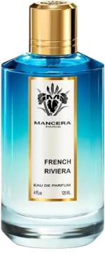 Mancera French Riviera woda perfumowana, niebieska butelka z gradientem, złota nakrętka, widok z przodu.