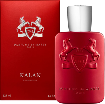 Kalan Parfums de Marly: czerwona matowa butelka wody perfumowanej ze srebrnym korkiem i godłem, obok pudełko.