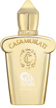 Elegancka złota butelka Casamorati Casafutura Eau de Parfum, widok z przodu, z białym logo i detalami.