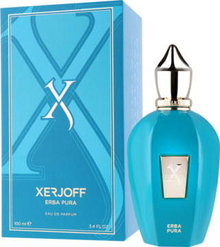 Turkusowa butelka Xerjoff Erba Pura woda perfumowana unisex i pudełko z logo X, widok z przodu na białym tle.