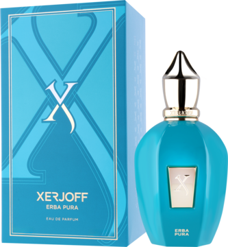 Woda perfumowana Xerjoff Erba Pura: turkusowa butelka i pudełko, orientalno-cytrusowy zapach unisex.