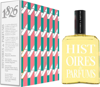 Histoires de Parfums 1826 Eugenie de Montijo, bursztynowe perfumy. Żółta butelka i szare opakowanie z numerem 1826, widok z przodu.