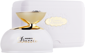 Dazzle Al Haramain, biała butelka perfum ze złotym korkiem i elegancką etykietą, widok z przodu na opakowanie.