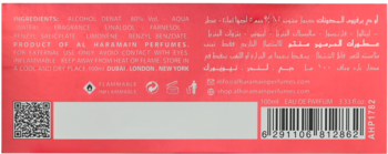 Tył różowego opakowania Haramain Signature Rose Gold EDP z listą składników, kodem QR i kreskowym.