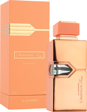 L'Aventure Rose Al Haramain EDP, brzoskwiniowo-złota butelka i pudełko, ujęcie z przodu i boku.