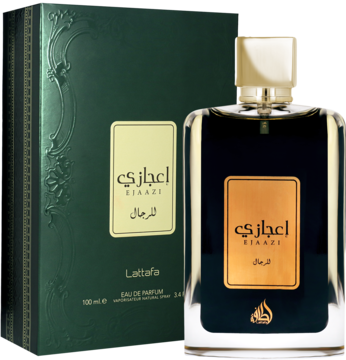 Lattafa Eiaazi Rijal, ciemna butelka męskich perfum 100ml ze złotą etykietą i ozdobne zielone pudełko.