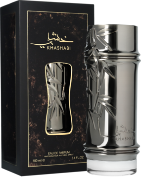 Lattafa Khashabi perfumy: metaliczny flakon z bambusowym reliefem i czarne pudełko ze złotymi akcentami, przód.