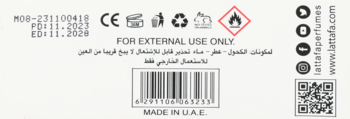 Lattafa perfumy, biała etykieta z tyłu opakowania, z tekstem "FOR EXTERNAL USE ONLY" i czerwoną ikoną palności.