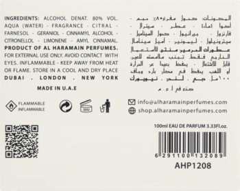 Tył opakowania Al Haramain Perfumes Blanche 100ml EDP z listą składników, kodem kreskowym i ostrzeżeniami.