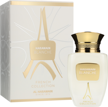 Biała woda perfumowana unisex Al Haramain Blanche, butelka i dopasowane pudełko ze złotymi detalami i wieżą Eiffla.