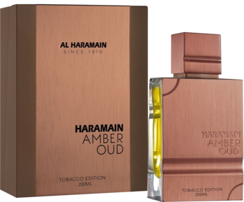 Brązowy flakon perfum Al Haramain Amber Oud Tobacco Edition ze złotym płynem i dopasowane pudełko, widok z przodu.