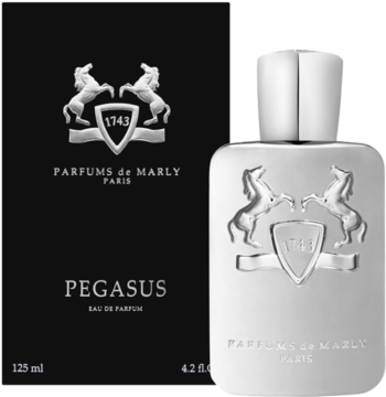 Woda perfumowana Parfums de Marly Pegasus 125 ml w srebrnej butelce z logo konia, obok czarnego pudełka.