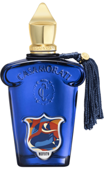 Flakon perfum Mefisto Xerjoff, głęboki błękit, złoty korek, niebieski chwost i barwny herb na froncie.