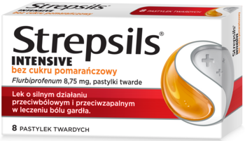 Strepsils Intensive bez cukru, pomarańczowe pastylki na ból gardła z flurbiprofenem, widok z przodu.