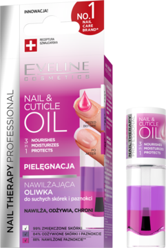 Eveline Nail Therapy Professional Nawilżająca Oliwka: białe pudełko i mała butelka z różowym płynem.