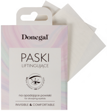 Opakowanie Donegal Paski Liftingujące na opadające powieki, biała etykieta z fioletem, obok widoczne przezroczyste paski.