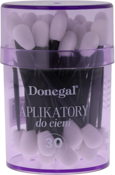 Donegal, zestaw 30 aplikatorów do cieni w przezroczystym opakowaniu z fioletowymi detalami, widok z przodu.