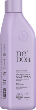 ne boa Glossy Hair wygładzająca odżywka do włosów, liliowa butelka, efekt tafli wody, widok z przodu.