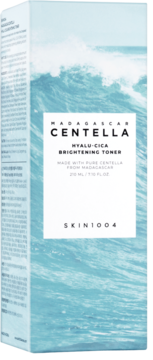 Tonik do twarzy Madagascar Centella Hyalu-Cica Brightening, błękitne pudełko z falą, widok z przodu, lekko pod kątem.