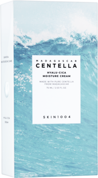 Krem nawilżający SKIN1004 Madagascar Centella Hyalu-Cica, jasnoniebieskie pudełko z falami, widok z przodu.