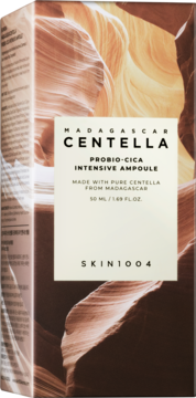 Opakowanie Madagascar Centella Probio-CICA Intensive Ampoule, brązowo-beżowy motyw kanionu, widok z przodu.