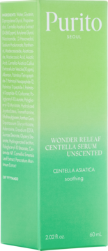 Jasnozielone pudełko Purito Wonder Releaf Centella Serum Unscented 60ml, z białym tekstem, widok z przodu.